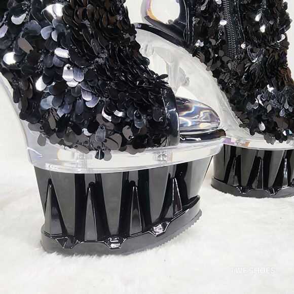 Pleaser Spiky Black Sequin Knee Boots Spiked Design Platform - Picture 10 of 12